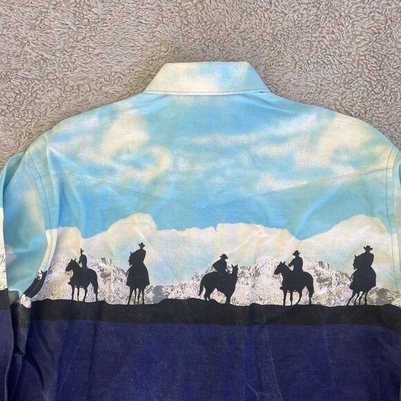 Wrangler Brushpopper Vintage Pearl Snap Shirt Cowboy Blue Sky Graphic Large - Picture 6 of 6